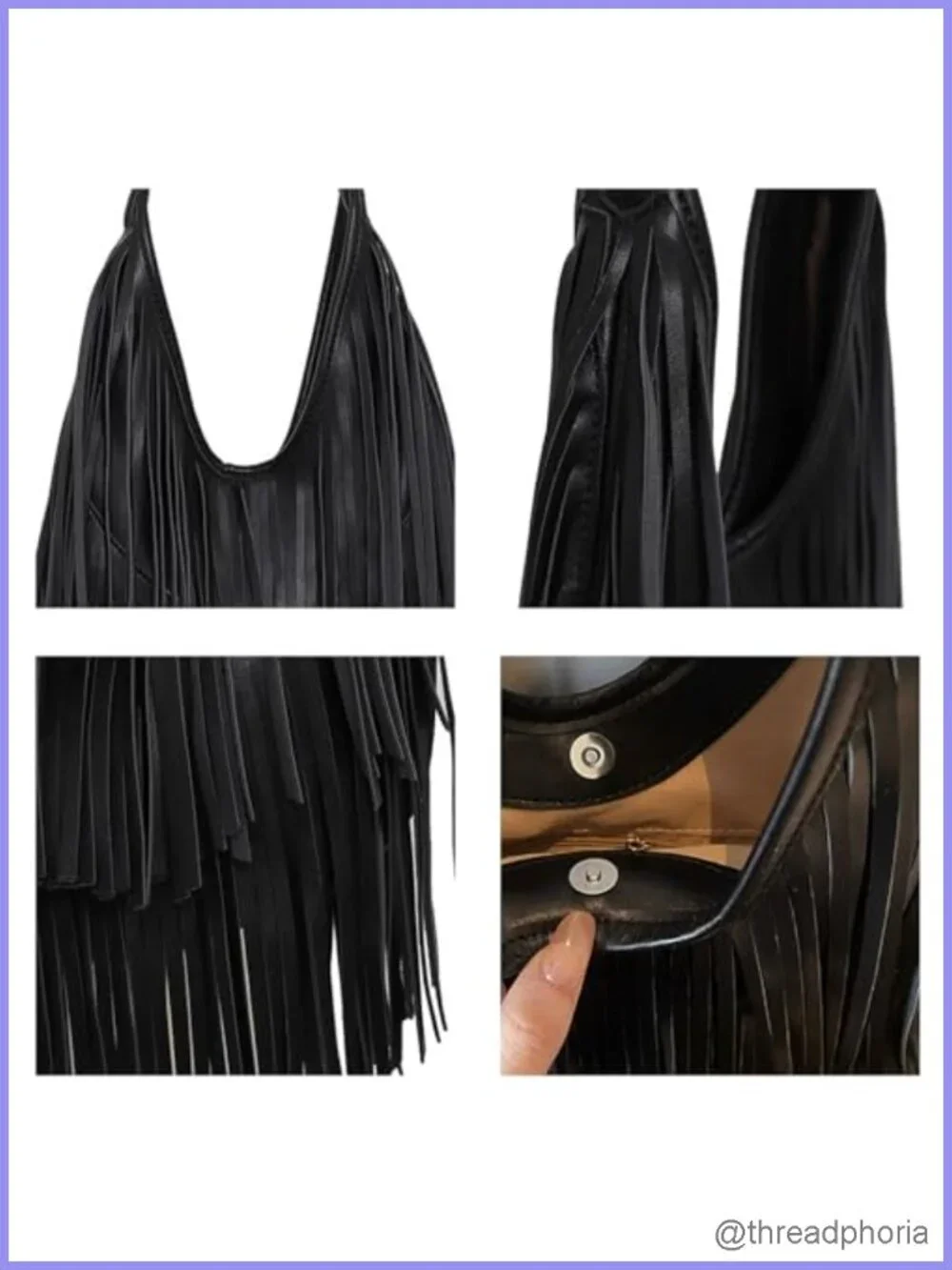 Black PU Leather Fringe Hobo Shoulder Bag with Tassel - Western Boho Purse